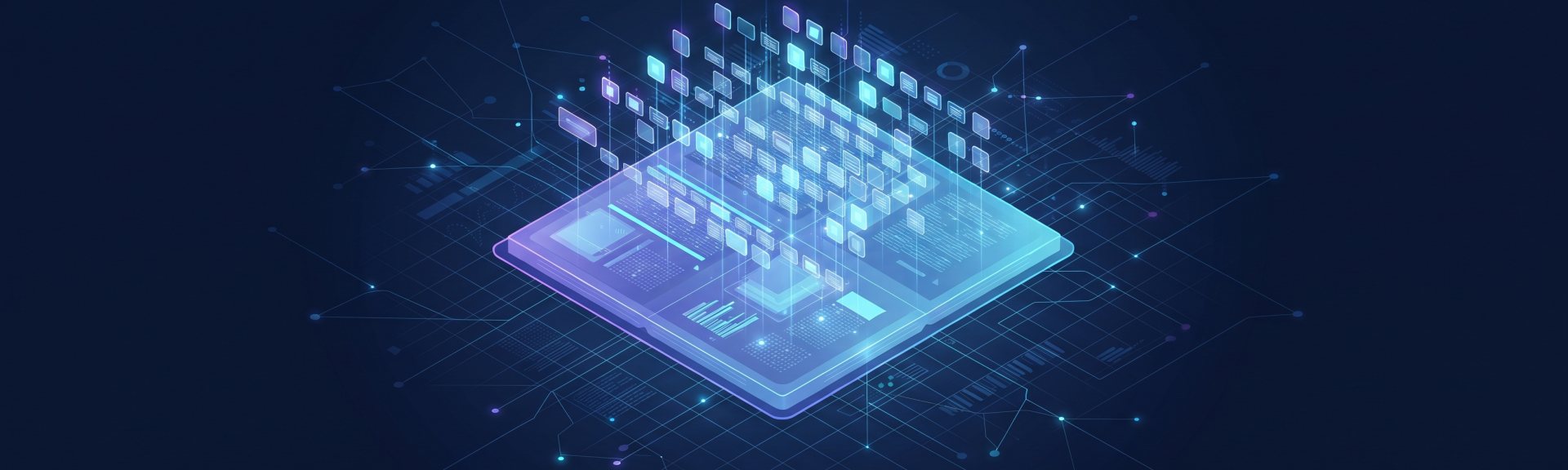 Isometric index panel with glowing entry tiles lifting from its surface and connecting outward to a network of nodes