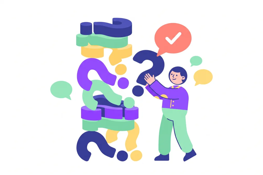 A person lifting one question mark from a stack of them, with an answer bubble carrying a checkmark floating out