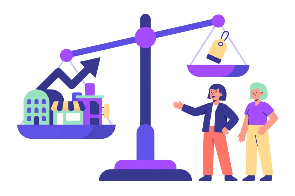 A balance scale tipping towards considered, high-value businesses with a rising arrow, against a single price tag on the raised pan, as two advisors look on