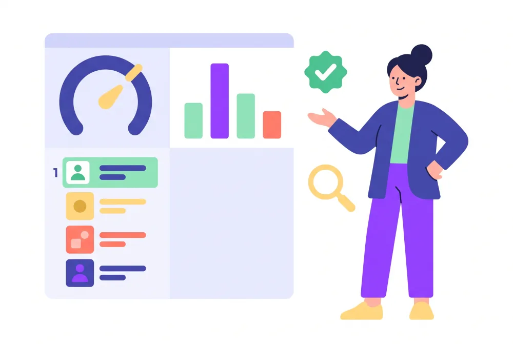 Analyst reviewing an AI visibility dashboard with a score gauge and a ranked list of cited brands