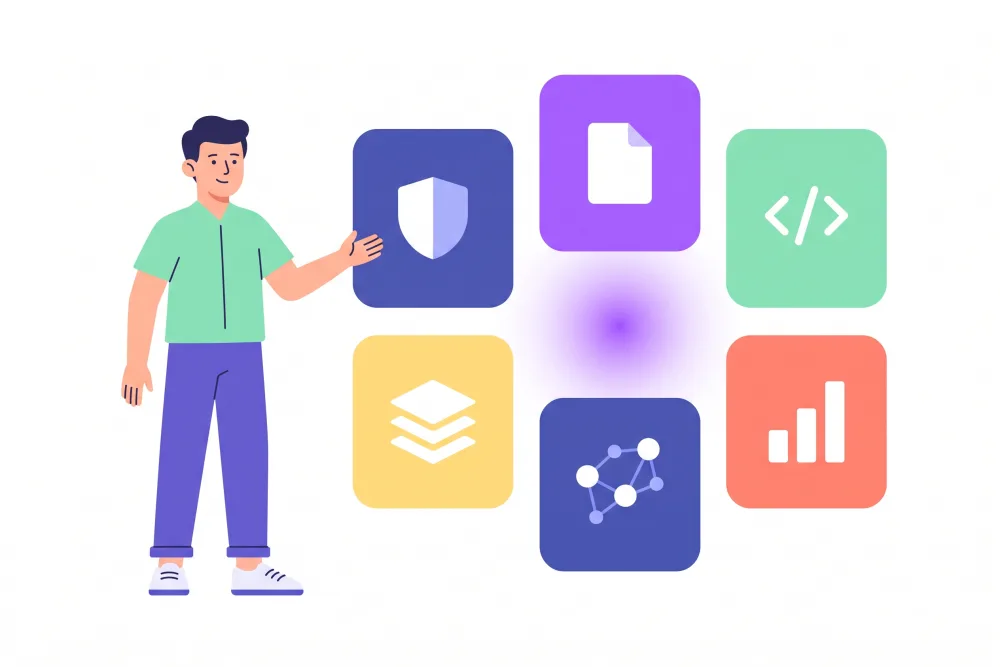 Six GEO workstreams as icon cards around a central hub — crawler access, discovery files, structured data, content architecture, entity building and citation tracking